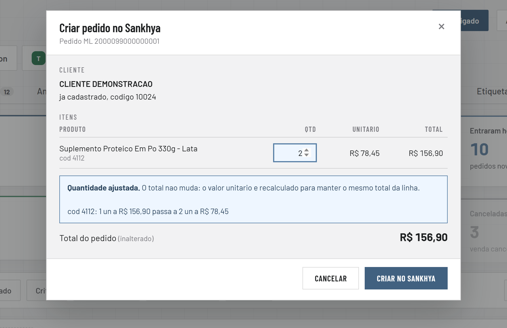 Janela de criação de pedido mostrando o ajuste de quantidade com o total preservado